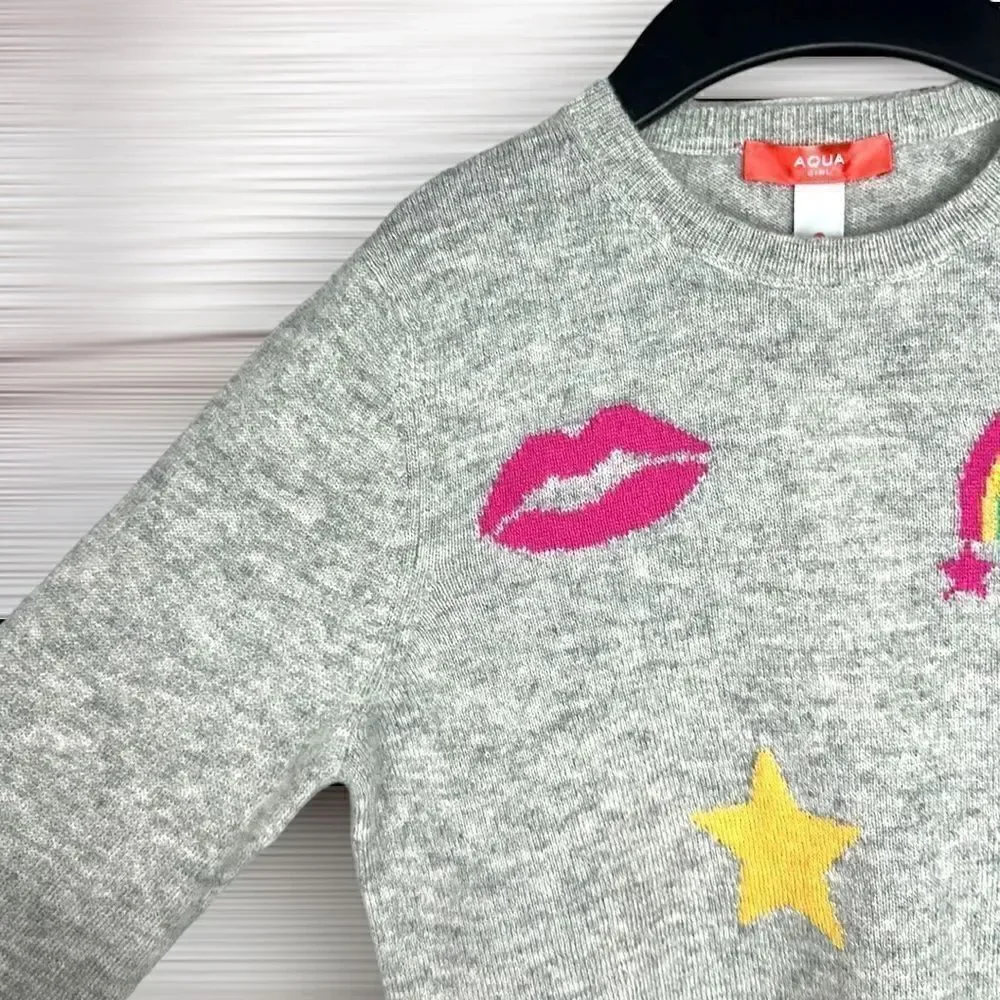 NWT New AQUA Girls Cashmere Crewneck Sweater Gray with Stars and Rainbow L